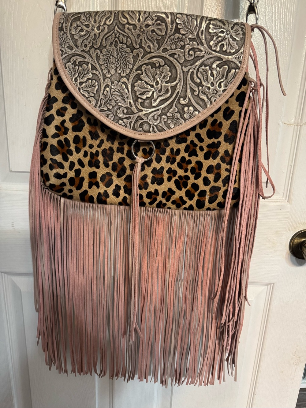 Leopard Print Fringe Crossbody Bag in Pink and Tan, All leather